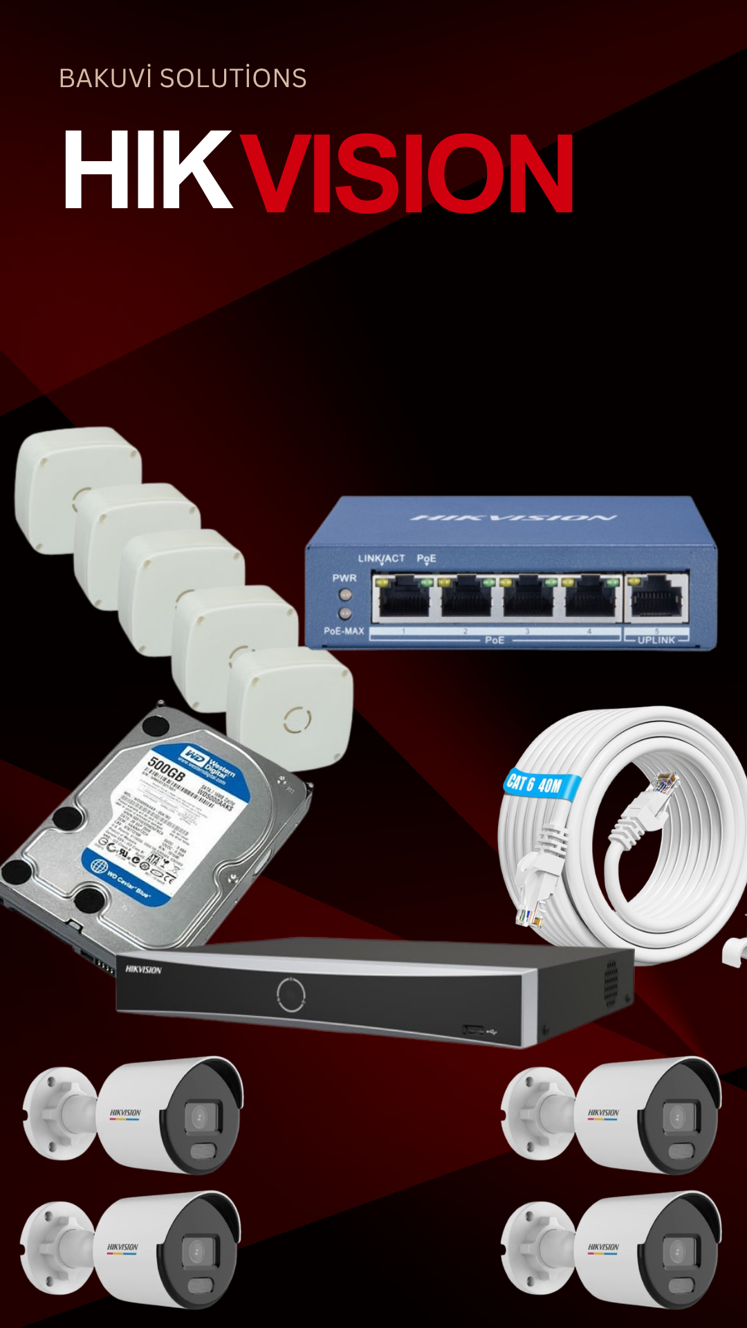 4 channel NVR+4 İP camera (4mp)+500GB HDD+4 port poe switch+40 meter cat6 cable+4 camera box